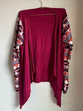 Women's Open Front Cardigan Sweater - Burgundy with Patterned Sleeves